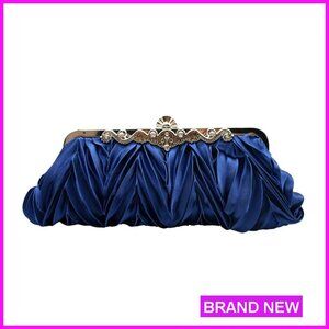 Satin Pleated Clutch Rhinestone Evening Bag Elegant Party Handbag Detachable